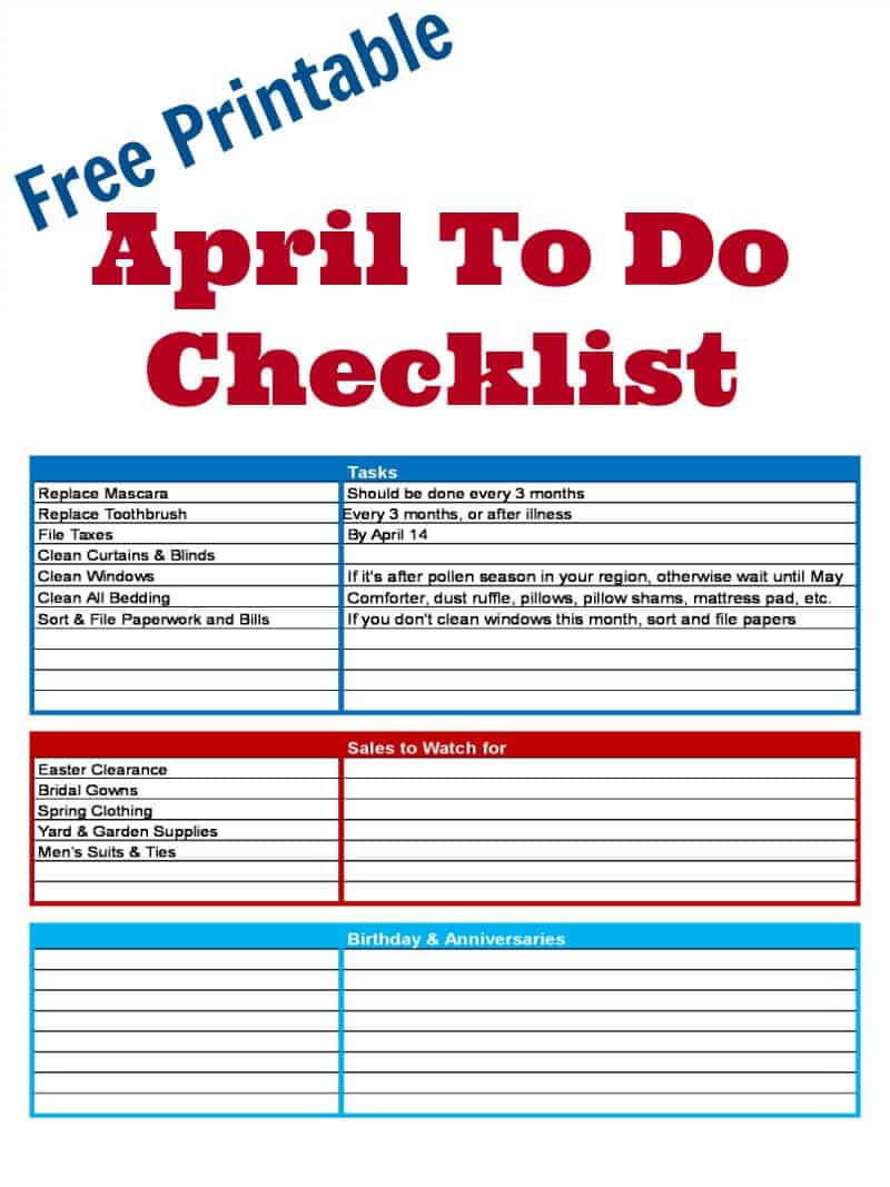 Free Printable April To Do Checklist - Organized 31