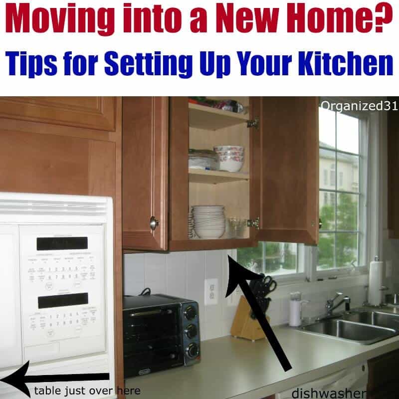open kitchen cabinet with arrows pointing to shelves with title text reading Moving into a New Home? Tips for Setting Up Your Kitchen