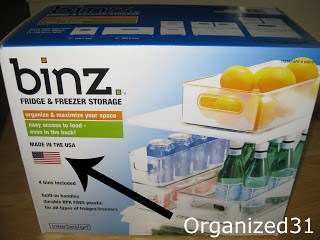 box of binz brand collection of organizing bins with black arrow pointing to American flag on the box