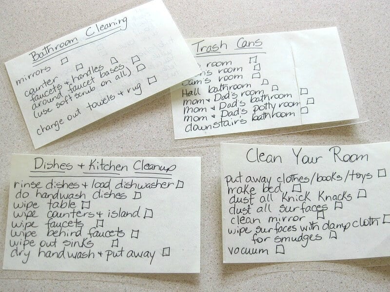 4 chore cards for bathroom cleaning, trash cans, dishes & kitchen cleanup, and clean your room