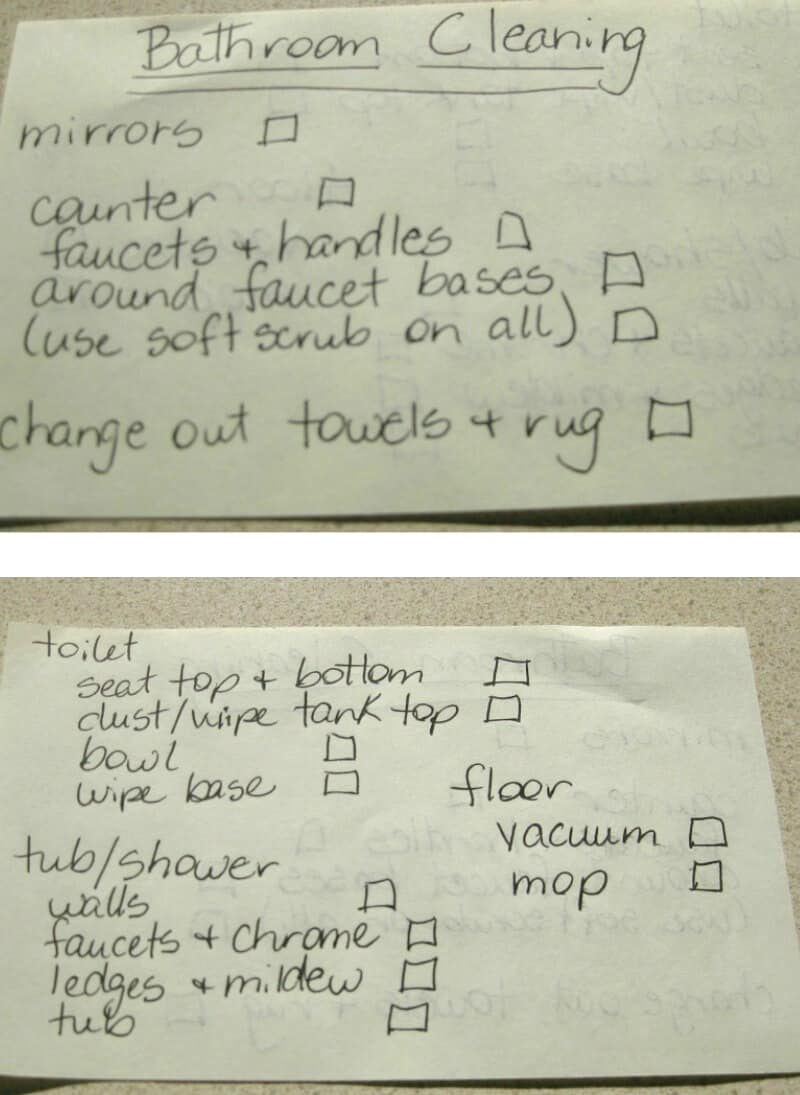 the front and back of a bathroom cleaning chore card