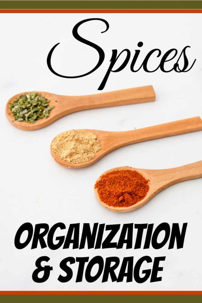 3 wood spoons with colorful spices with title text reading Spices Organization & Storage.