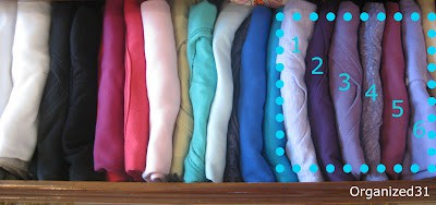neatly folded row of t-shirts organized by color with numbers on the purple t-shirts