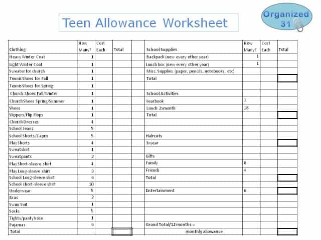 printable Teen Allowance Worksheet