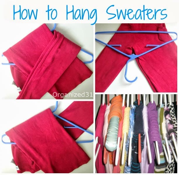 a collage of 4 images showing how to hang a sweater with title text reading How to Hang Sweaters