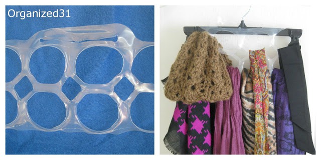 image on left is the plastic thing that holds soda cans together, image on the right is that plastic thing on a hanger with scarves hanging from it