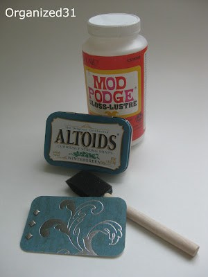 Mod Podge, Altoids tin, sponge brush, decorative paper