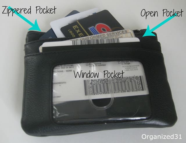 a wallet with arrows pointing to where to put things with text reading zippered pocket, open pocket, window pocket