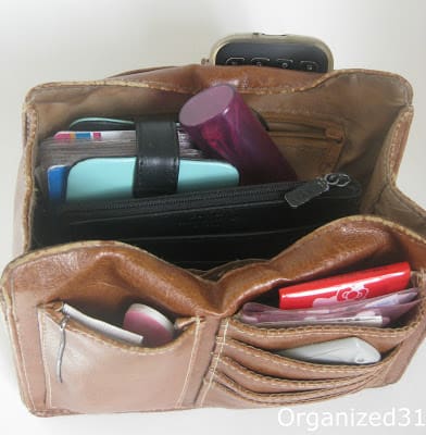 the inside of an organized purse