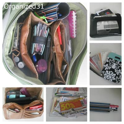 a collage of 6 images showing different ways to organize your purse