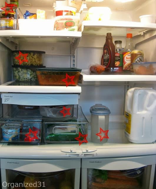 the inside of a refrigerator with some products inside with red stars on them to show USA made products