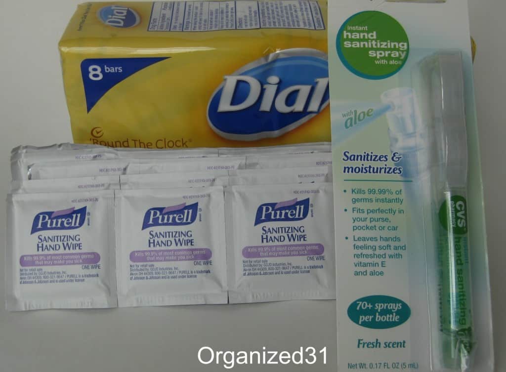package of bars of soap, packages of sanitizing hand wipes and package of hand sanitizer