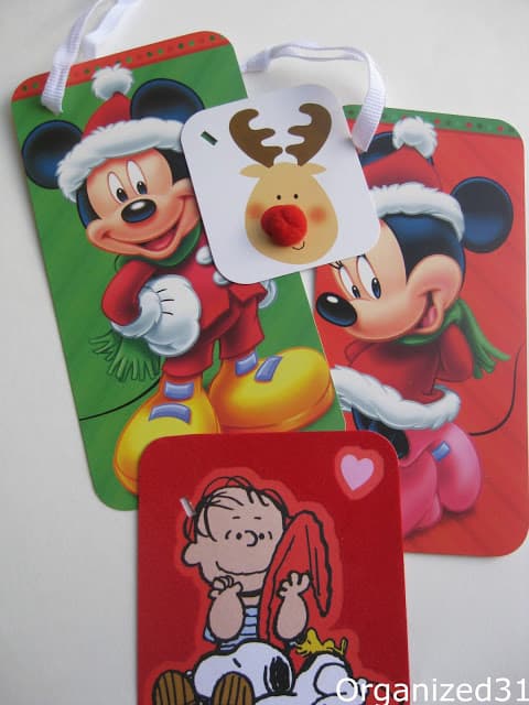 character gift tags made from recycled Christmas cards