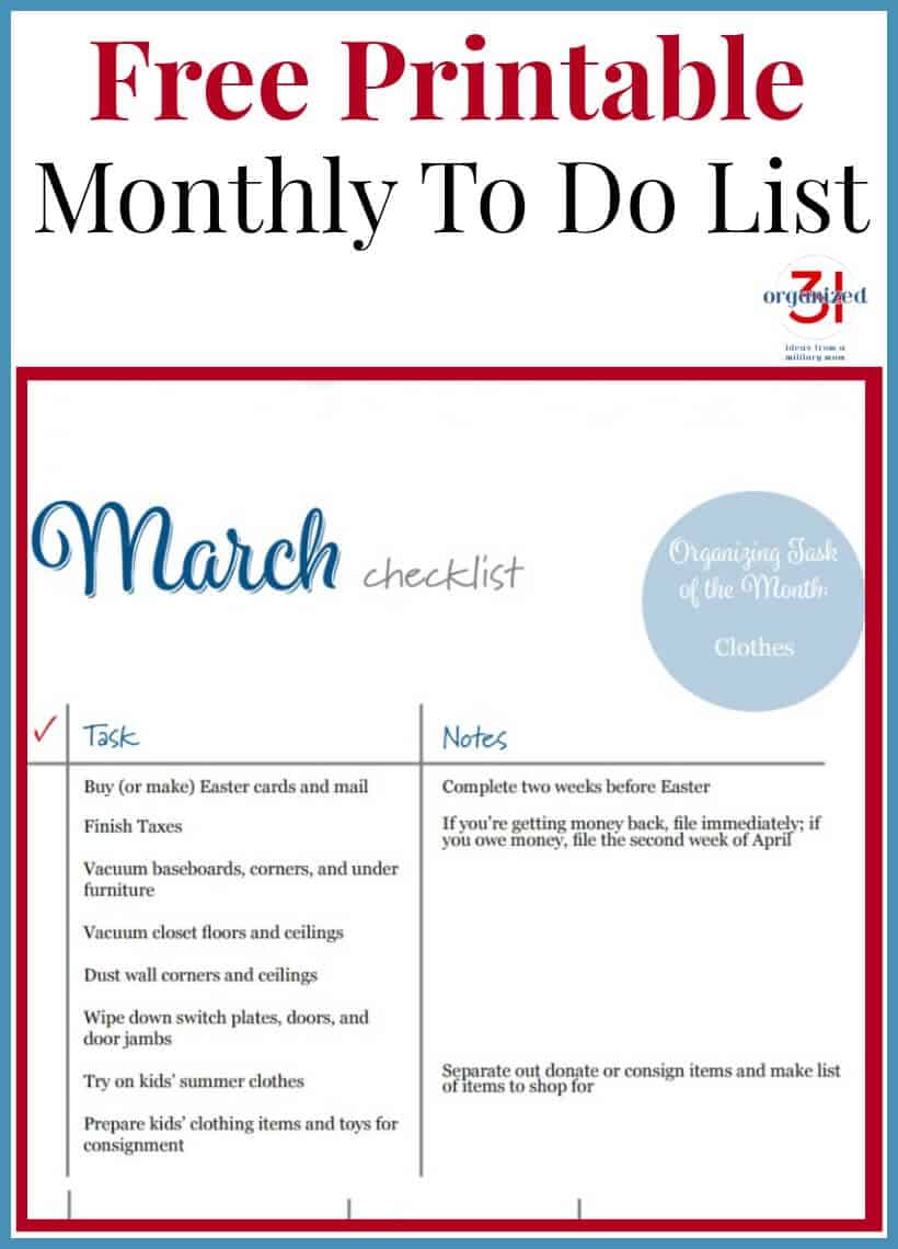 image of red and blue checklist for monthly to do tasks with title text reading Free Printable Monthly To Do List
