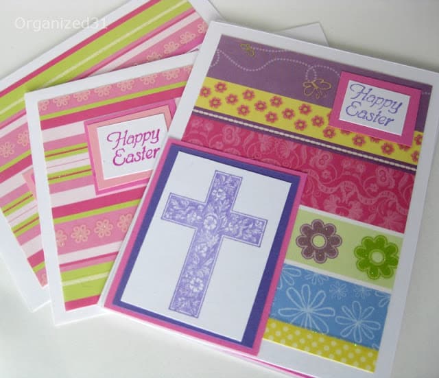 3 DIY colorful Easter cards on white table