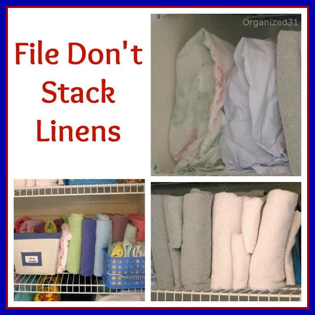 a collage of 3 images of different types of linen, folded and standing up in a cupboard with title text reading File Don't Stack Linens