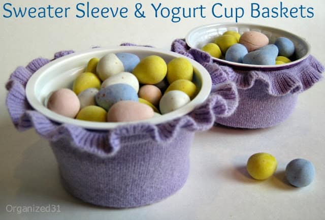 decorative candy cups with title text reading Sweater Sleeve & Yogurt Cup Baskets