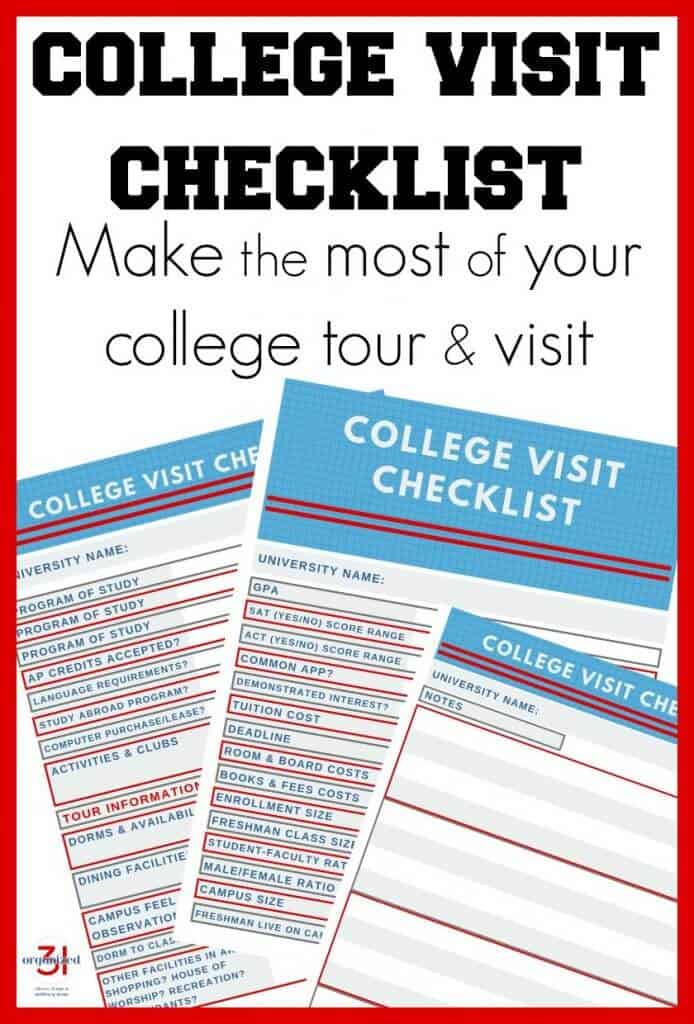 Image of 3 college visit worksheets with text overlay reading College Visit Checklist Make the most of your college tour & visit