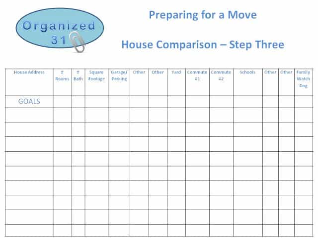 printable titled Preparing for a Move House Comparison Step Three