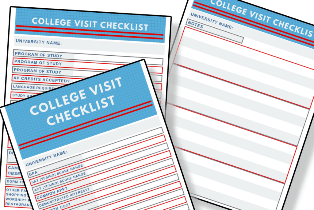 close up of 3 college visit checklist sheets