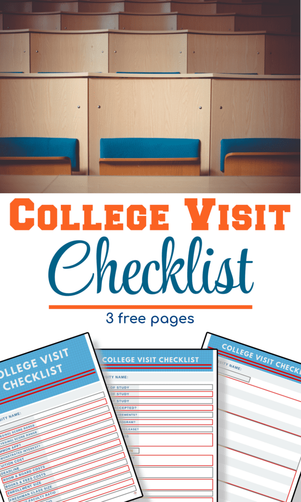 top image - college lecture hall seats, bottom image - 3 blue, red and white college visit checklist sheets