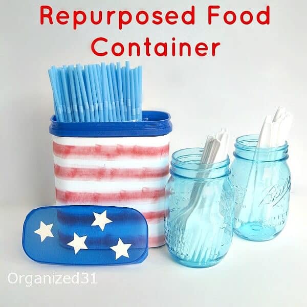 Recycled plastic can used to hold straws, next to 2 mason jars holding plastic silverware with title text reading Repurposed Food Container