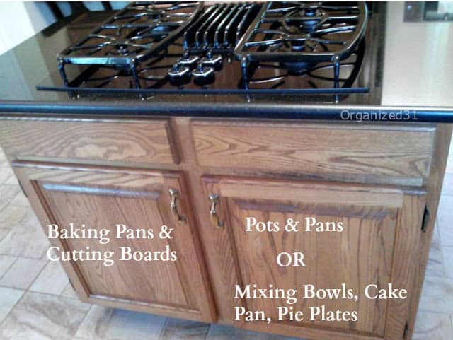 the stove on a kitchen island with text overlay on the cabinets suggesting what can go in them