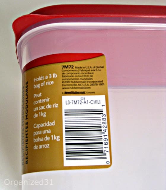 a container with a label on it with thext reading Holds a 3 lb bag of rice