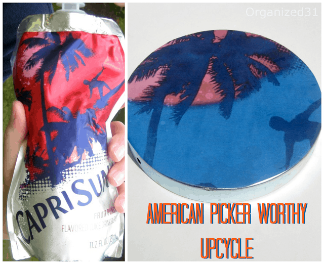 one image is of a hand holding a capri sun pouch, the other image is a sign with an image of a surfer and a palm tree on it with title text reading American Picker Worthy Upcycle