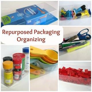 collage of repurposed plastic packaging holding measuring spoons, spices, office supplies, and more.