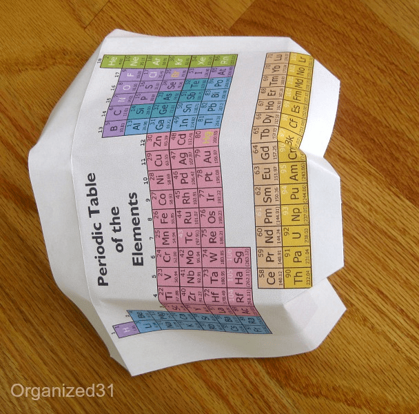 crumpled piece of paper with colorful periodic table of elements 