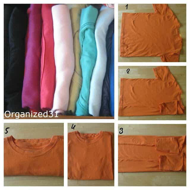 collage of 6 photos of steps to fold t-shirts.