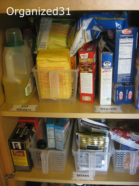 an organized pantry with labelled shelves