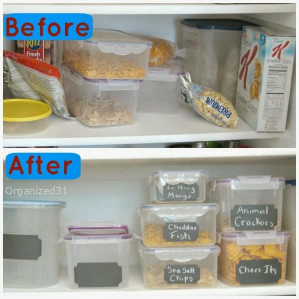before and after of organized pantry shelves
