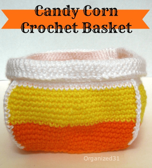 white, yellow, orange crocheted basket with title text reading Candy Corn Crochet Basket