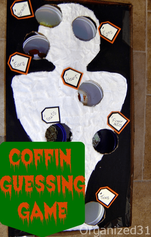 a handmade coffin game with title text reading Coffin Guessing Game