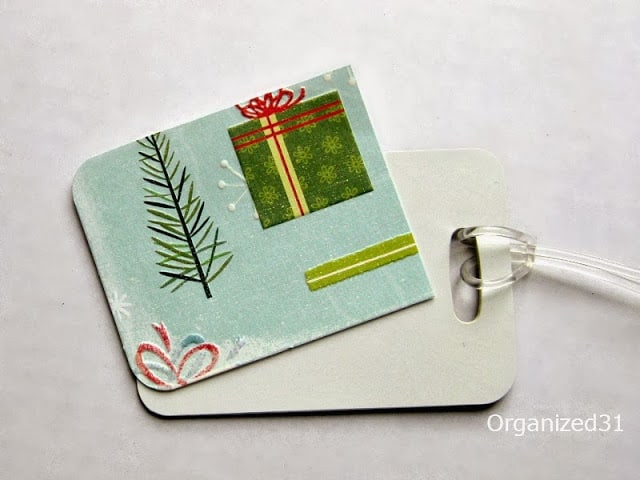 decorative Christmas paper on a luggage tag