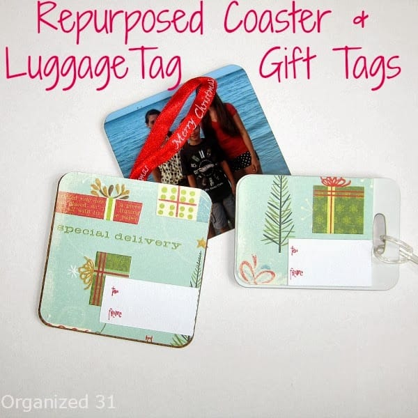 a coaster and gift tags with title text reading Repurposed Coaster & Luggage Tag Gift Tags