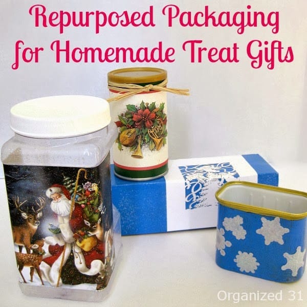 Repurposed food packaging upcycled into gift wrapping for homemade treats with title text reading Repurposed Packaging for Homemade Treat Gifts