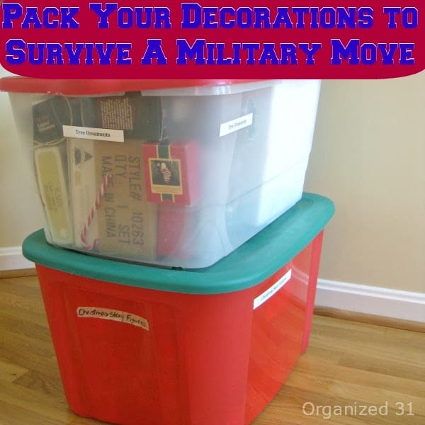 plastic decoration containers stacked with title text reading Pack Your Decorations to Survive a Military Move