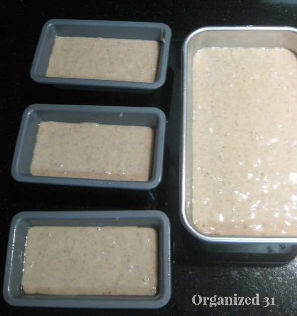 batter for making gingerbread loaves in 4 loaf pans