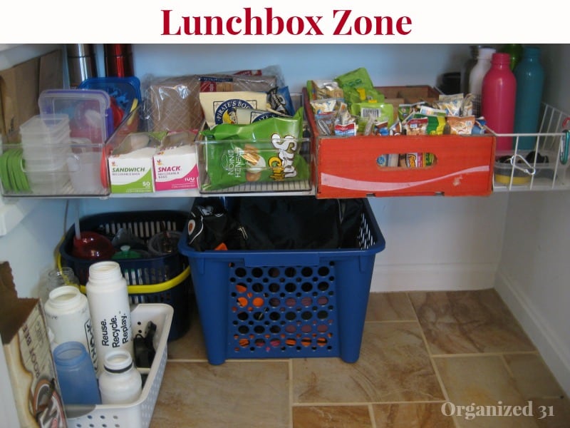 organized pantry shelf and bins on floor with title text reading Lunchbox Zone