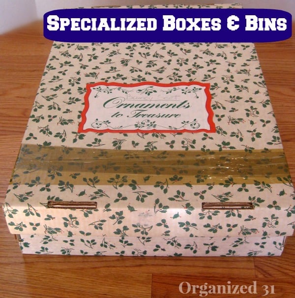 Christmas motif ornament storage box with title text reading Specialized Boxes & Bins.