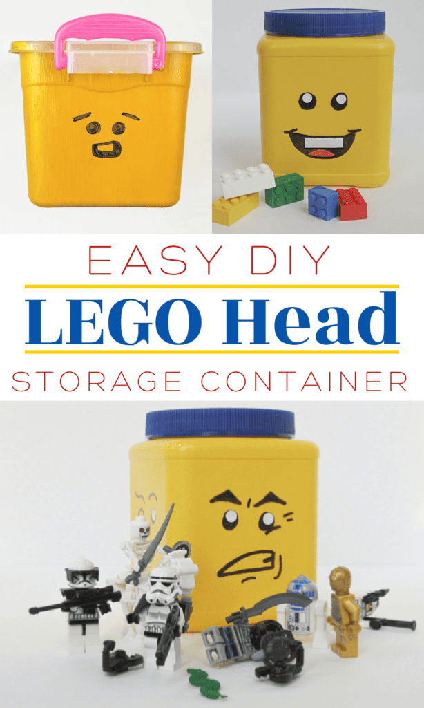 collage of 3 DIY yellow LEGO head storage containers.
