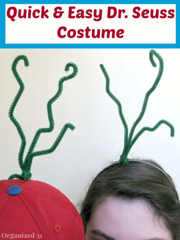 green Dr Seuss style antenna on red hat and person with brown hair with title text reading Quick and Easy Dr. Seuss Costume