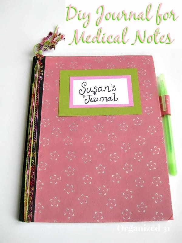 pink decorated notebook with title text reading Diy Journal for Medical Notes
