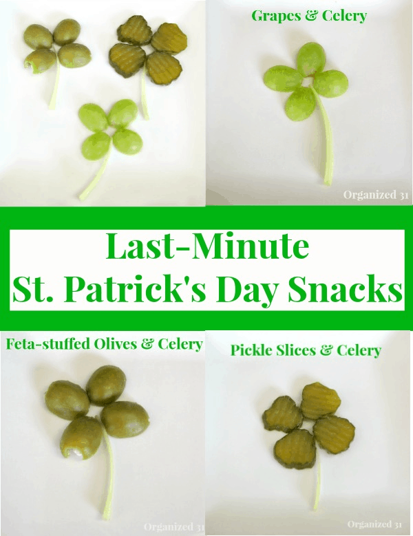 a collage of 4 images of four leaf clovers made from a variety of foods with title text in the center reading Last-Minute St. Patrick's Day Snacks