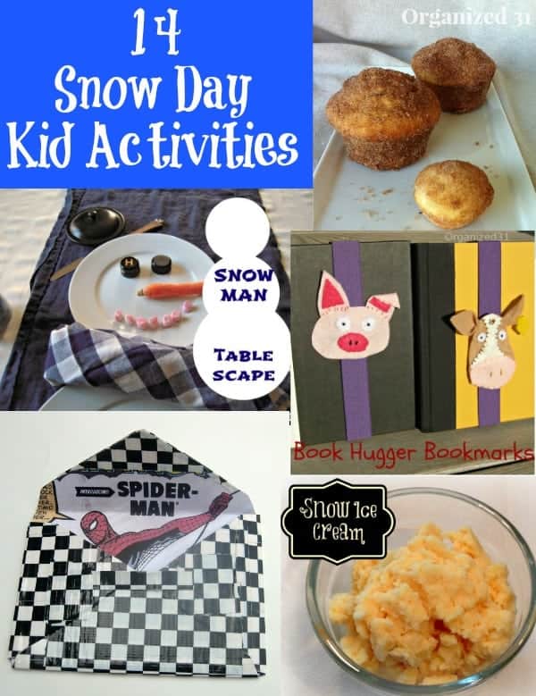 a collage of 5 different kids' activities with title text reading 14 Snow Day Kid Activities