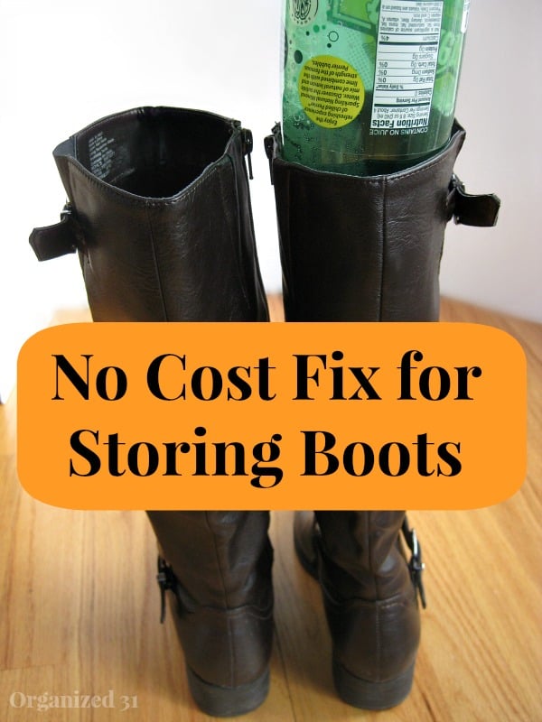 boots with recycled bottle sticking out of one boot