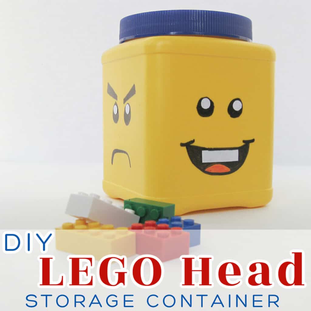 square yellow container with blue lid and smiling face on one side and frowning face on other side